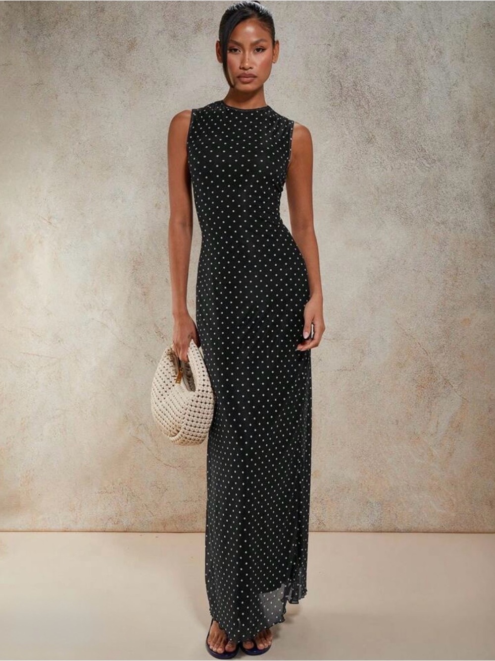 Almost Famous Black Maxi Dress with White Polka Dots stones